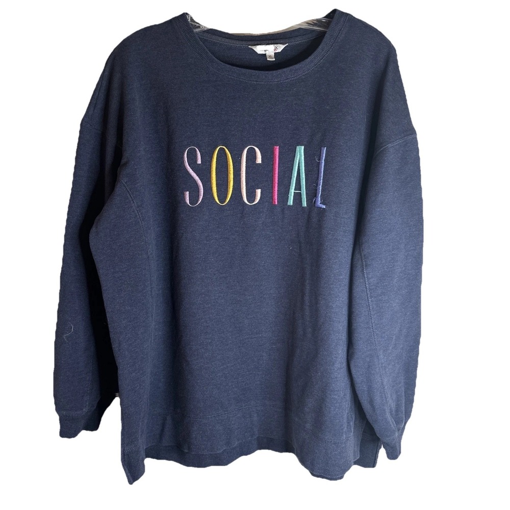 Wildfox Women's Size XL Sweatshirt SOCIAL Blue Embroidered Top Shirt Long sleeve